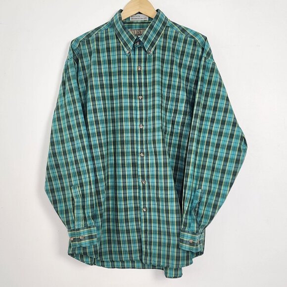 Vtg Cotton Plaid Long Sleeve Collared Button Down Shirt Turquoise Green Yellow - Picture 2 of 16
